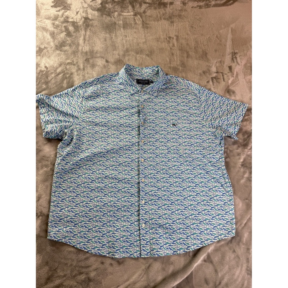 Vineyard Vines Fish Mens Short Sleeve Button Shirt 2XB Multicolor Embroidered